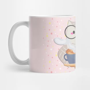 Funny cute owl in pink with coffee and stars Mug